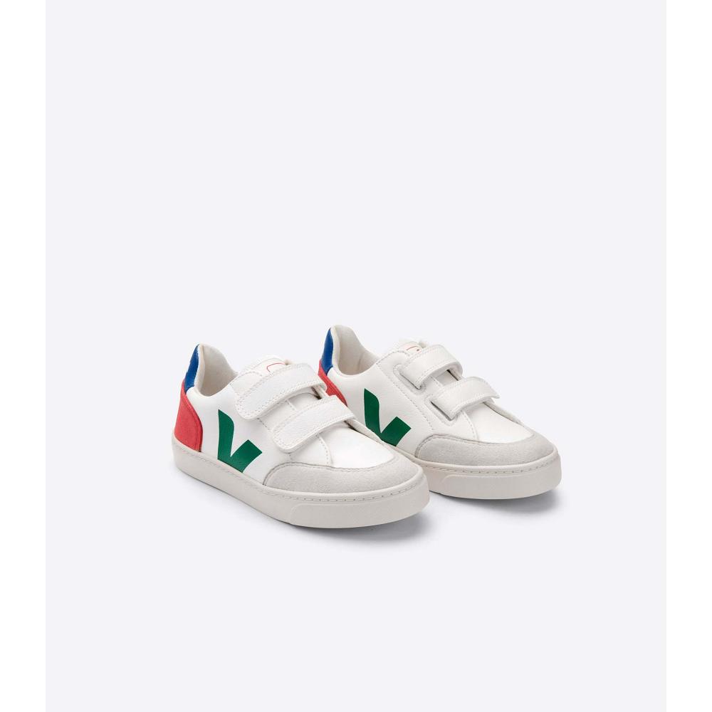 Kids' Veja V-12 LEATHER Shoes White/Green | ZA 752GSO